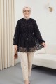 Dik Yaka Beli Bağcıklı Balon Kol Flog Baskılı Astarlı Tül Tunik -Siyah