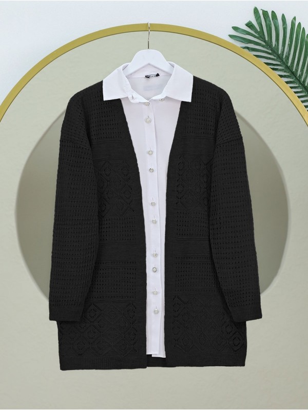 Ajurlu Mevsimlik Triko Hırka  -Siyah