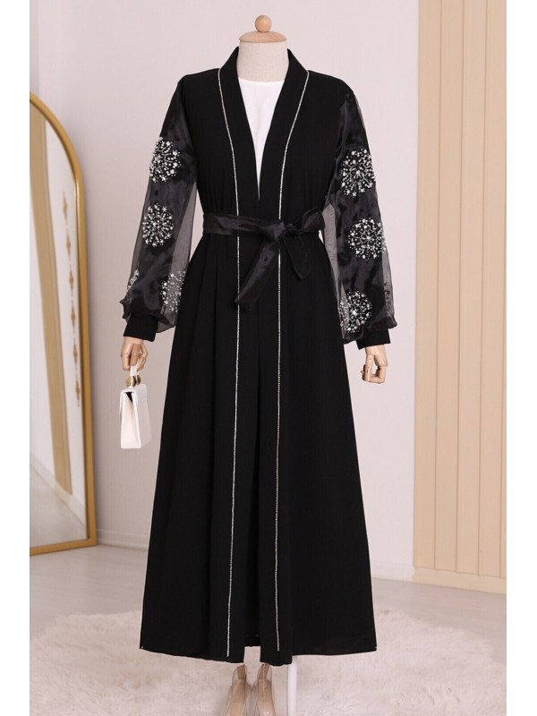Kolları İnci Taş Detaylı Tesettür Abaya -Siyah