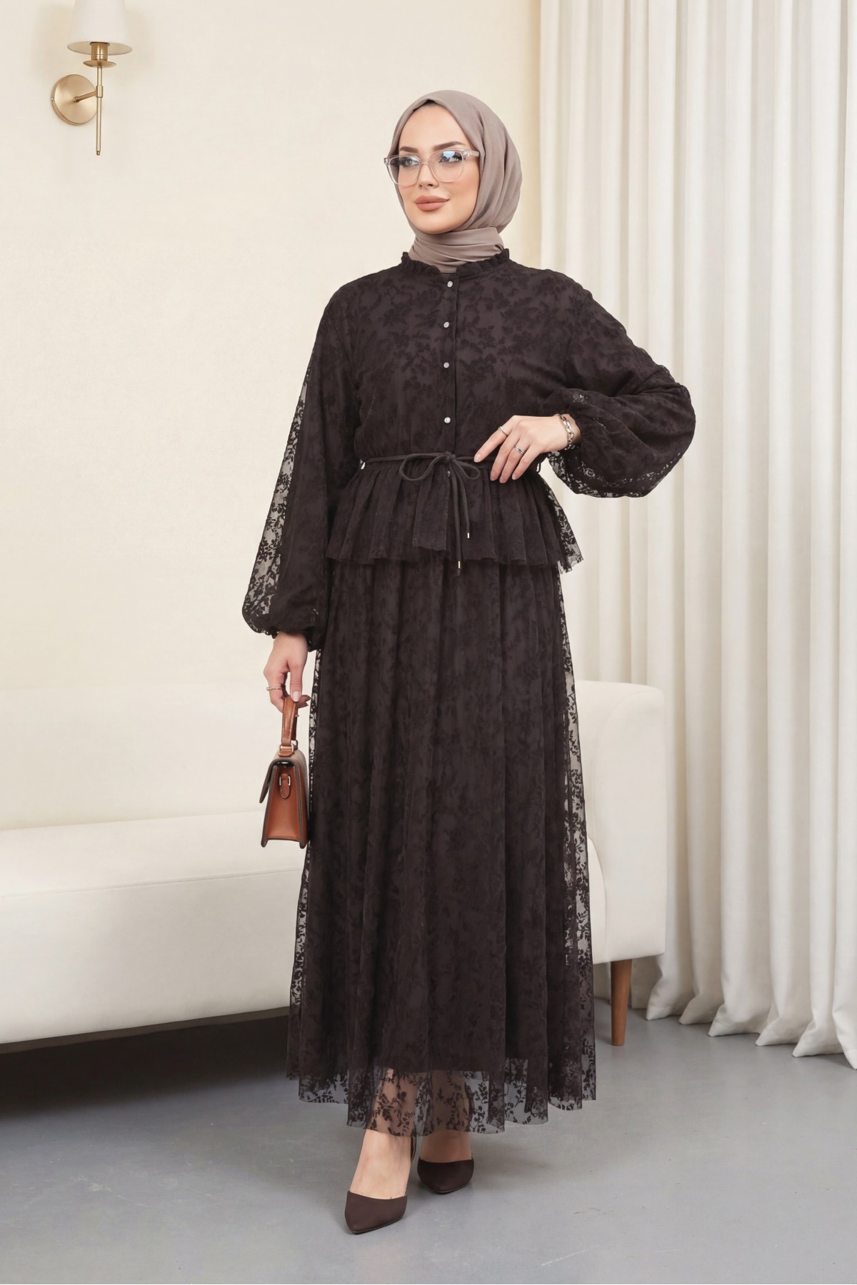 Dik Yaka Flog Baskılı Balon Kol Beli Bağcıklı Etekli Astarlı Tül Takım -Kahve