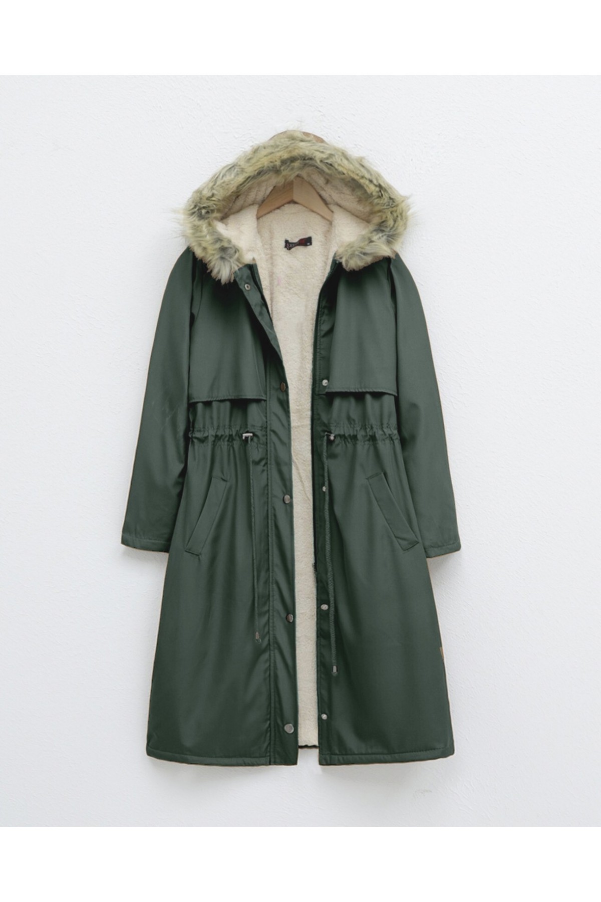 İçi Peluşlu Sabit Kapşonlu Tünel Bağcıklı Uzun Mont -Haki
