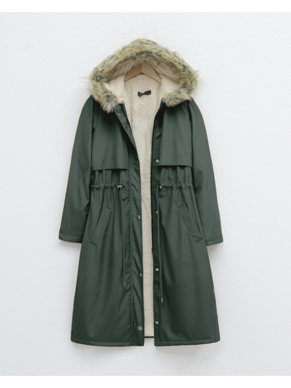 İçi Peluşlu Sabit Kapşonlu Tünel Bağcıklı Uzun Mont -Haki