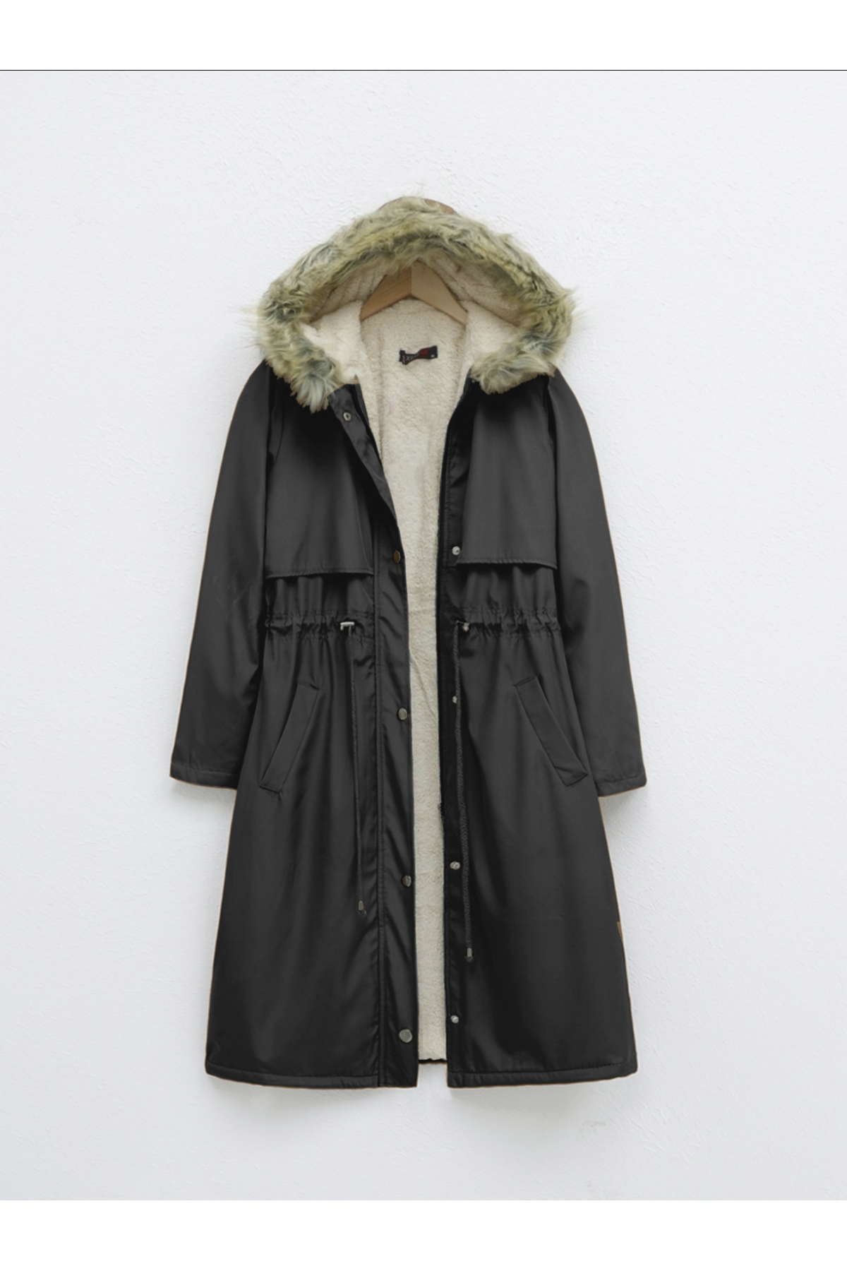 İçi Peluşlu Sabit Kapşonlu Tünel Bağcıklı Uzun Mont -Siyah