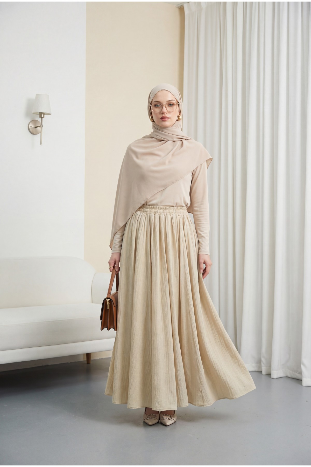 Beli Lastikli Astarlı Uzun Gofre Etek -Açık Vizon