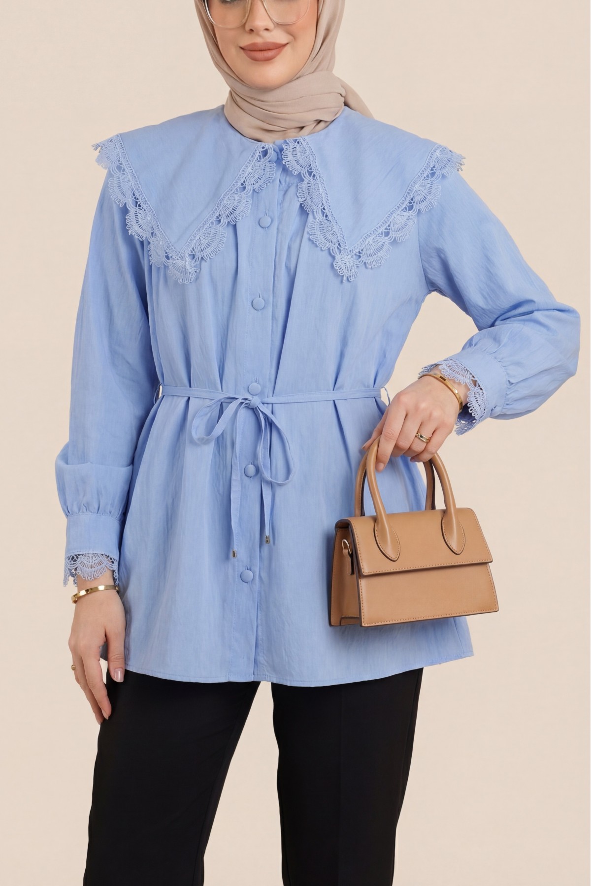 Bebe Yaka Fistolu Beli Bağcıklı Modal Tunik  -Mavi