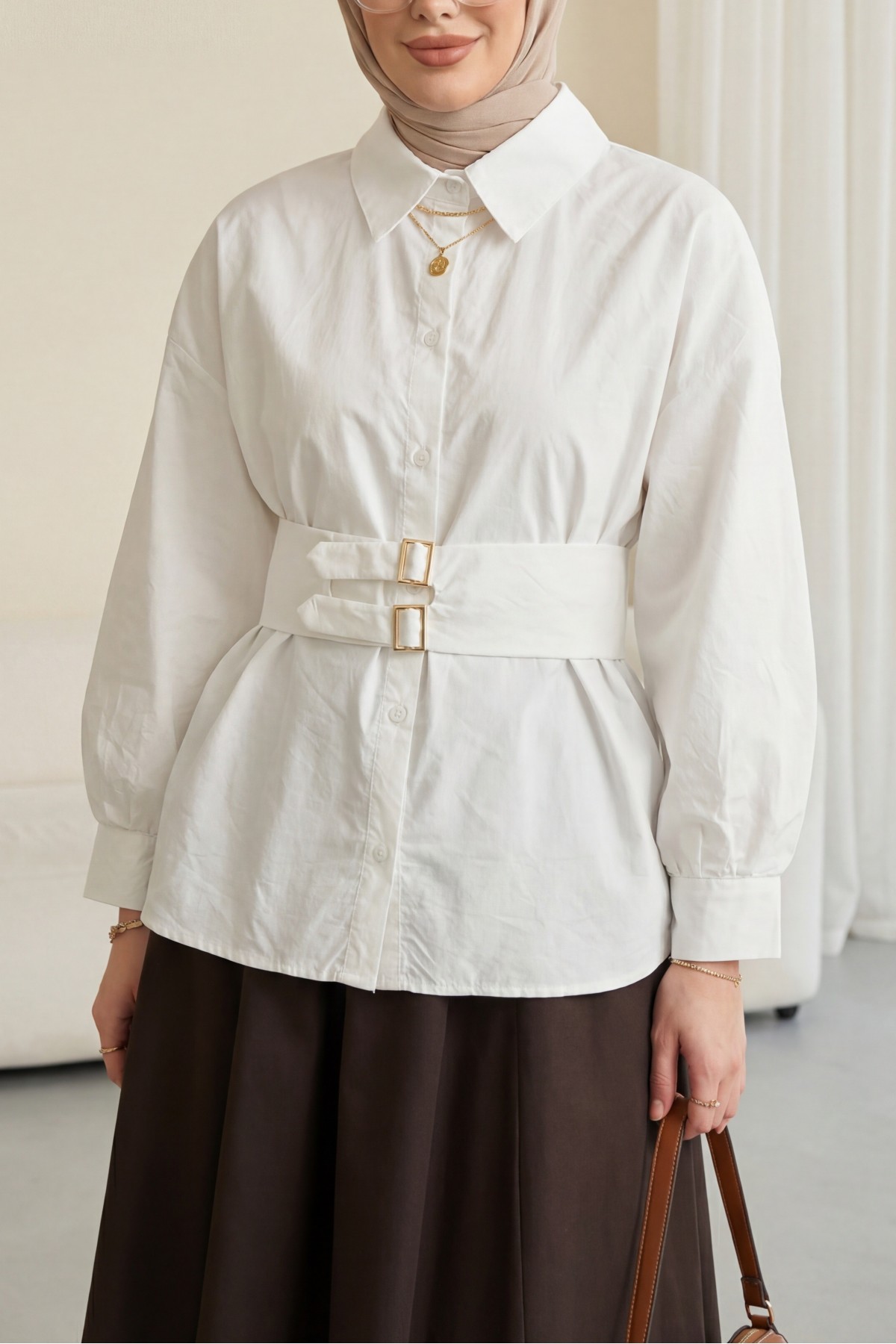 Çift Tokalı Lastikli Kemerli Önü Düğmeli Cupra Gömlek -Beyaz