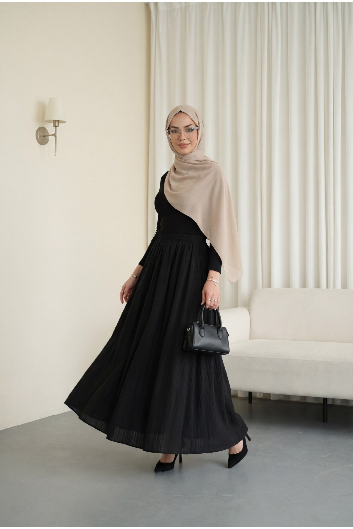 Beli Lastikli Astarlı Uzun Gofre Etek -Siyah