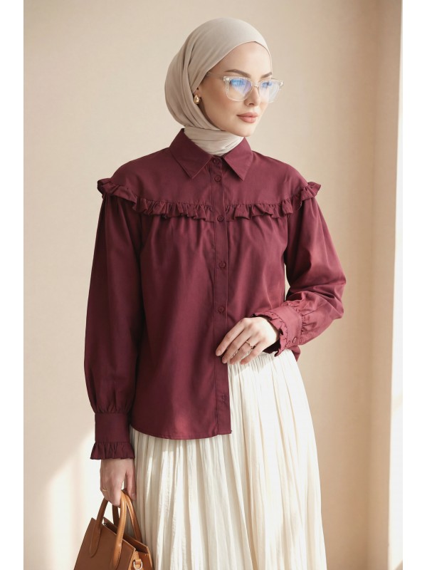 Fırfır Detaylı Düğmeli Kısa Gömlek -Bordo