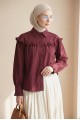 Fırfır Detaylı Düğmeli Kısa Gömlek -Bordo