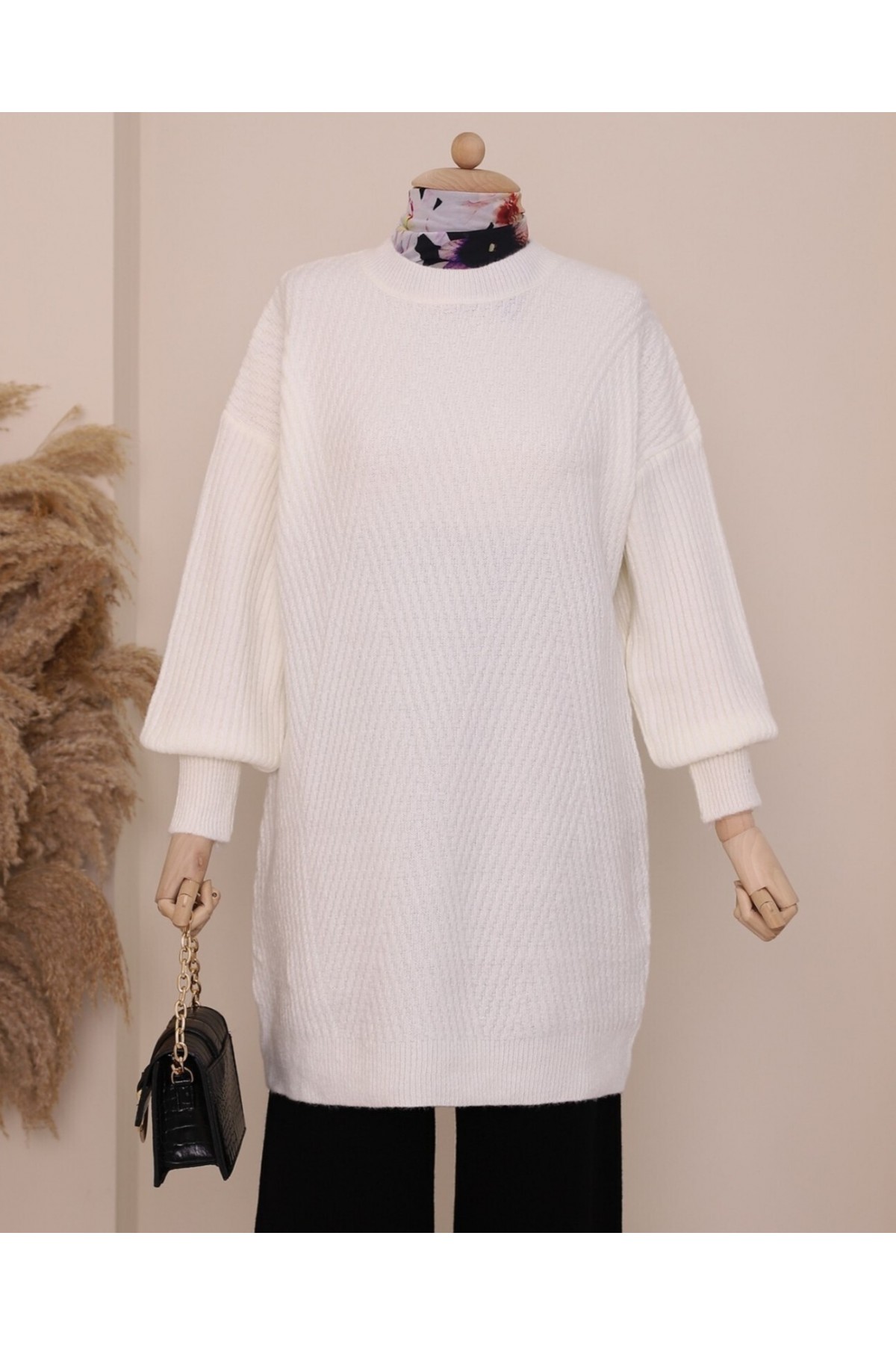 Bisiklet Yaka Baklava Desen Triko Kazak  -Beyaz