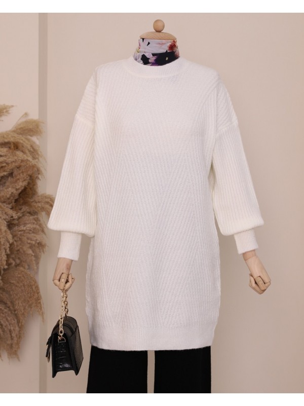 Bisiklet Yaka Baklava Desen Triko Kazak  -Beyaz