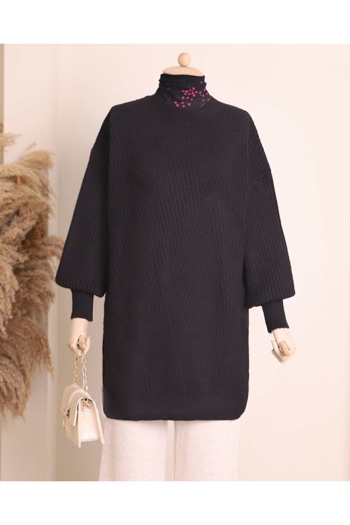 Bisiklet Yaka Baklava Desen Triko Kazak  -Siyah