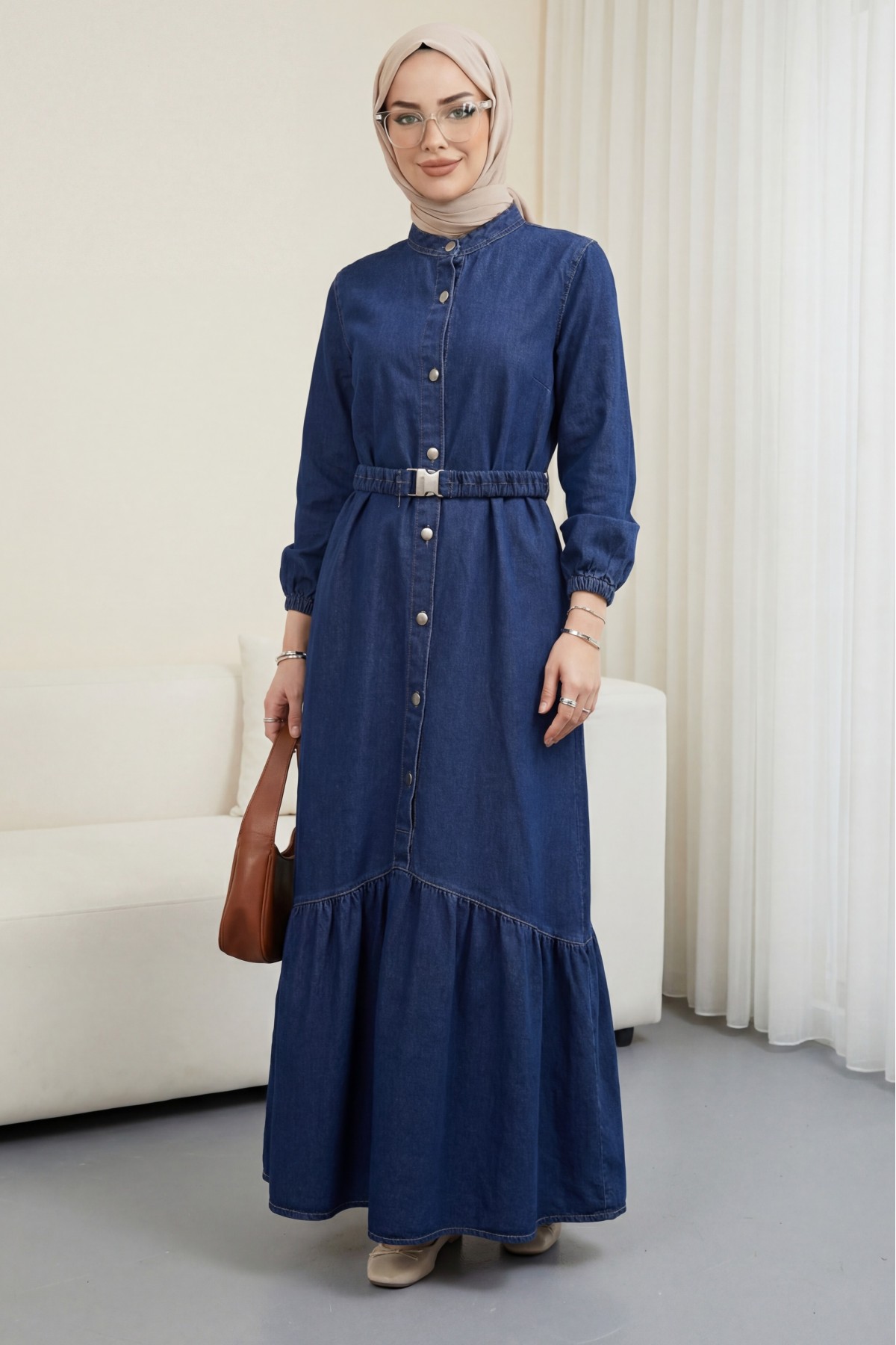 Lastik Kemerli Düğmeli Uzun Kot Elbise  -Laci