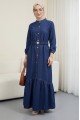 Lastik Kemerli Düğmeli Uzun Kot Elbise  -Laci