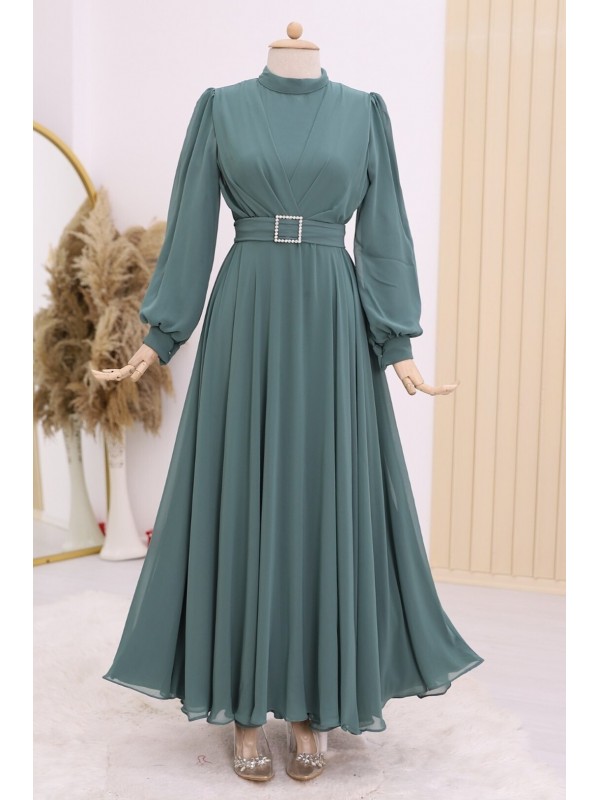 Kemeri Taşlı Önü Pileli Tesettür Elbise -Mint