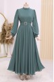 Kemeri Taşlı Önü Pileli Tesettür Elbise -Mint