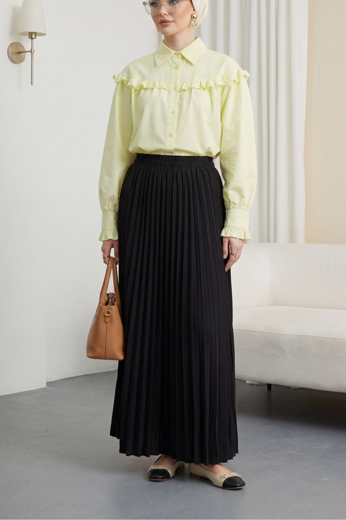 Fırfır Detaylı Düğmeli Kısa Gömlek -Sarı