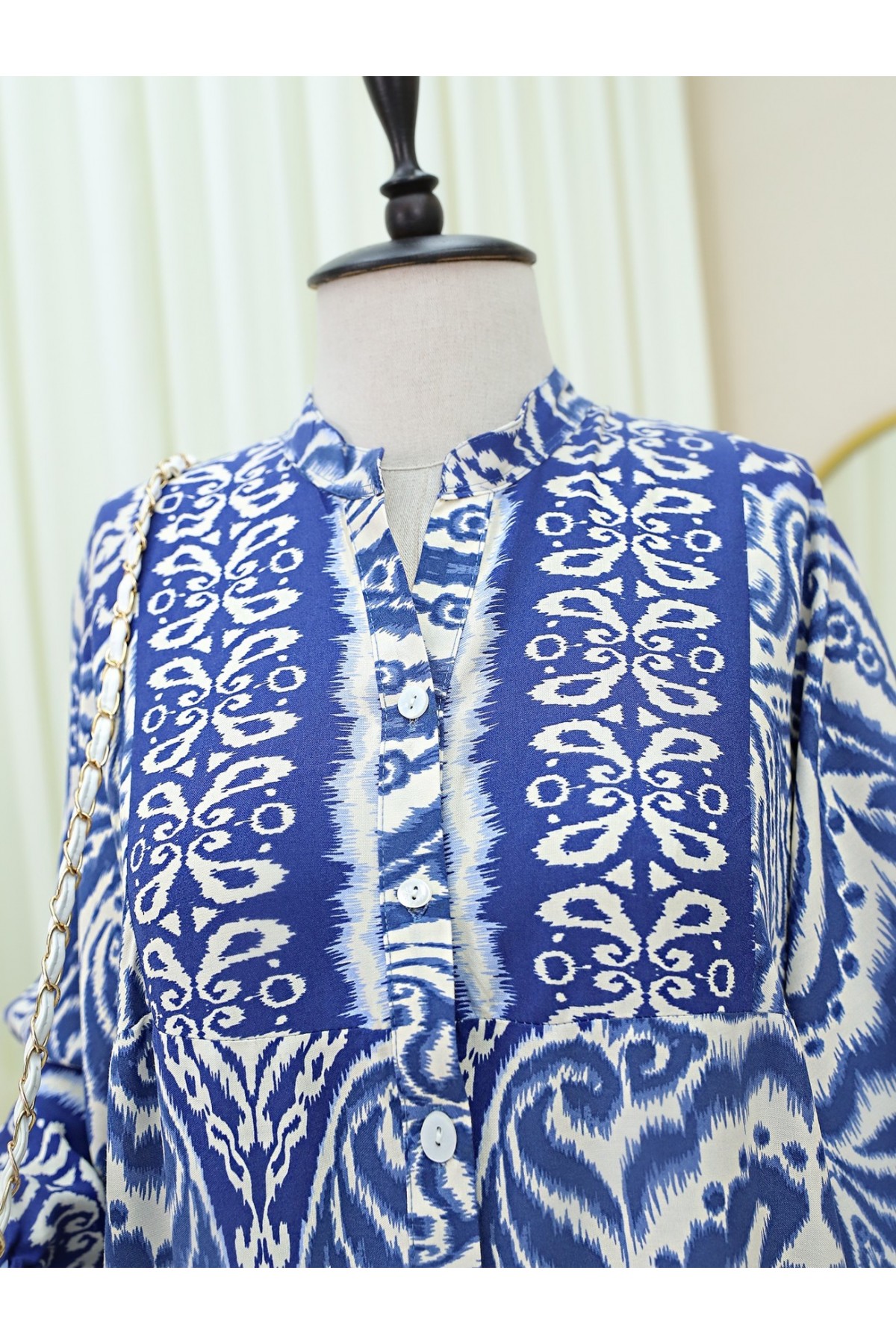 Yarım Düğmeli Dik Yaka Parçalı Elbise -Koyu Mavi