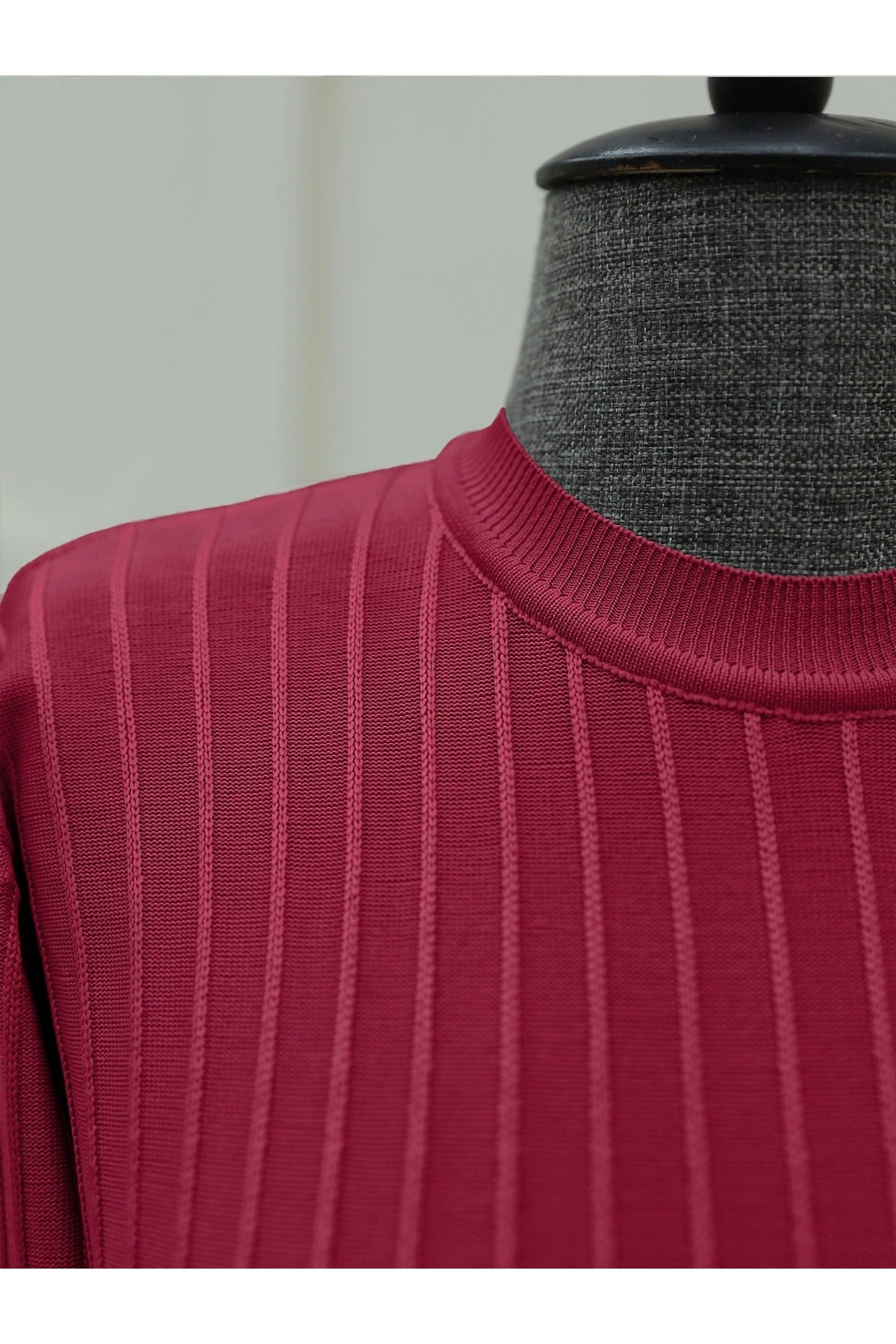 Yuvarlak Yaka İnce Çizgili Triko Tunik -Bordo
