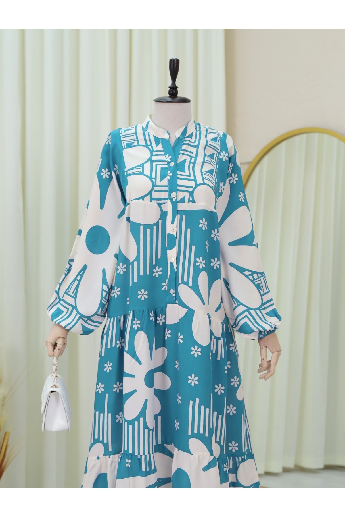 Yarım Düğmeli Parçalı Çiçekli Pamuklu Poliviskon Elbise -Mint