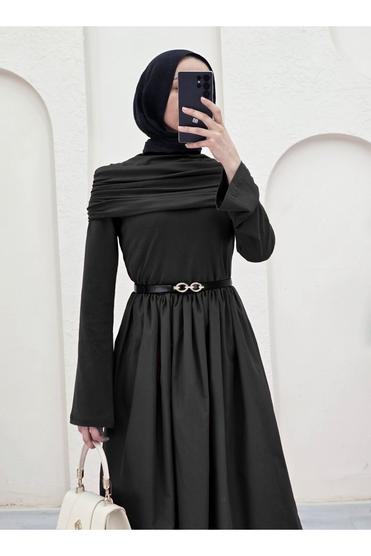 Eteği Poplin Üstü Sendy İki Parçalı Pileli Elbise -Siyah