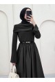 Eteği Poplin Üstü Sendy İki Parçalı Pileli Elbise -Siyah