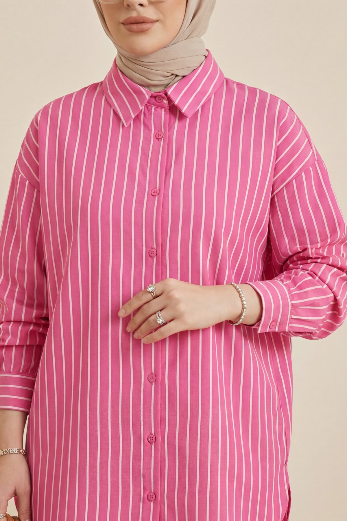 Çizgili Yırtmaçlı Salaş Linda Gömlek -Fuşya