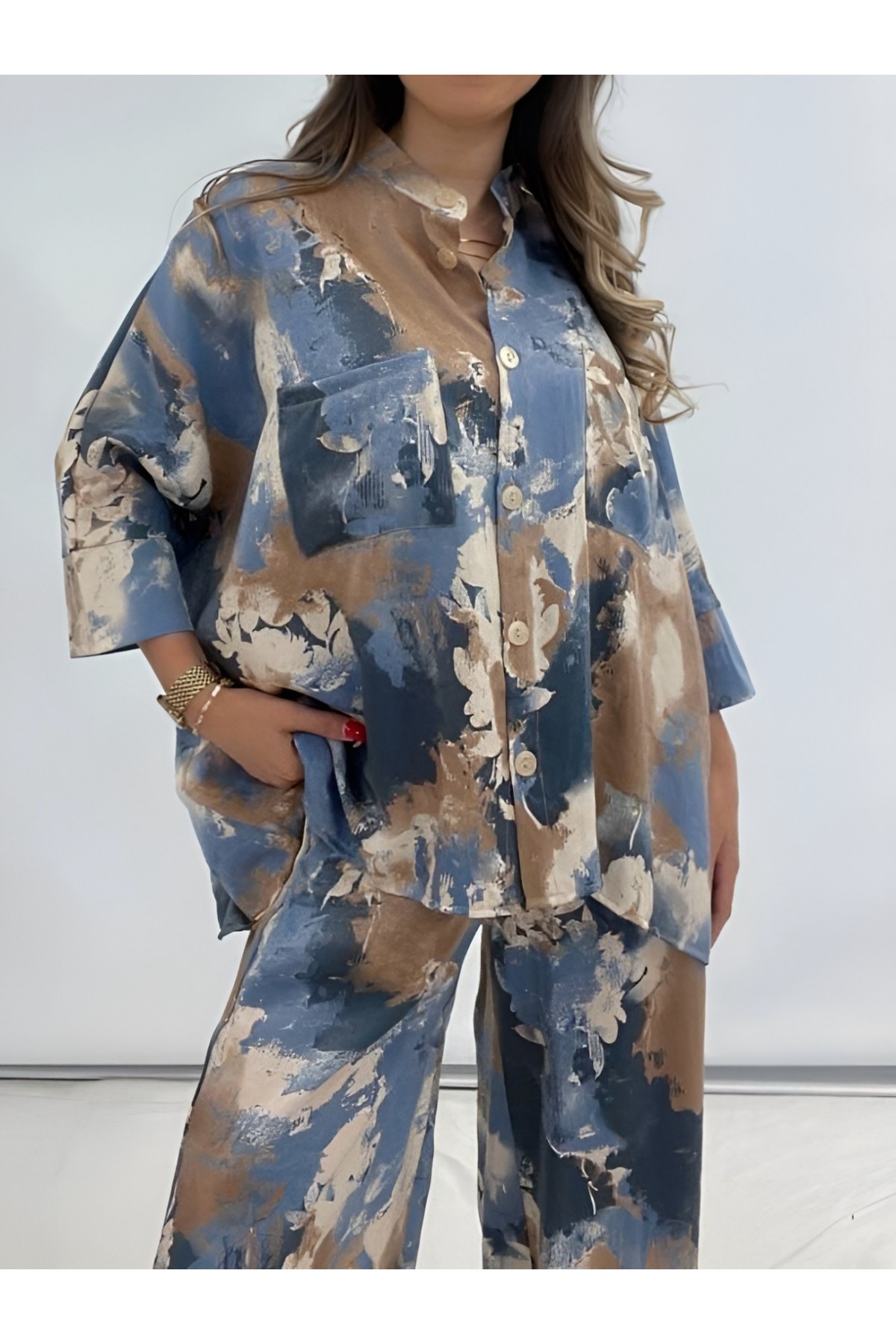 Batik Baskılı Mikro Simli Salaş Takım -Petrol