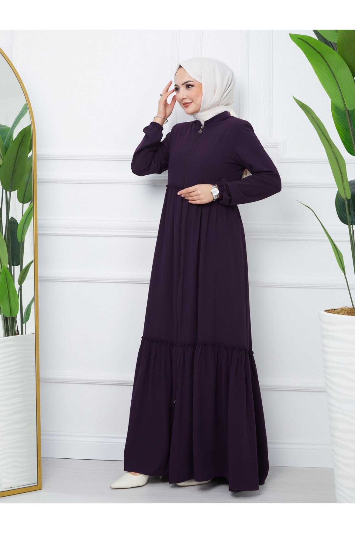 Parçalı Kolu Lastikli Boydan Fermuarlı Ferace -Mor