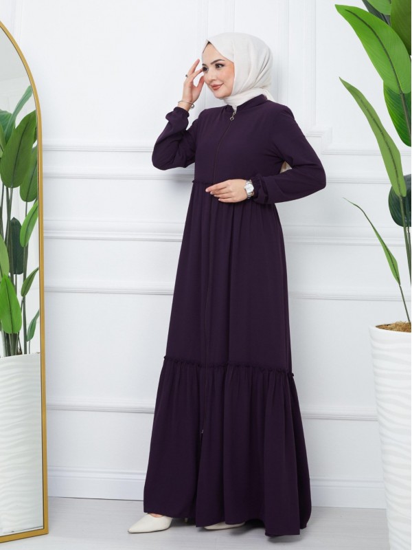 Parçalı Kolu Lastikli Boydan Fermuarlı Ferace -Mor