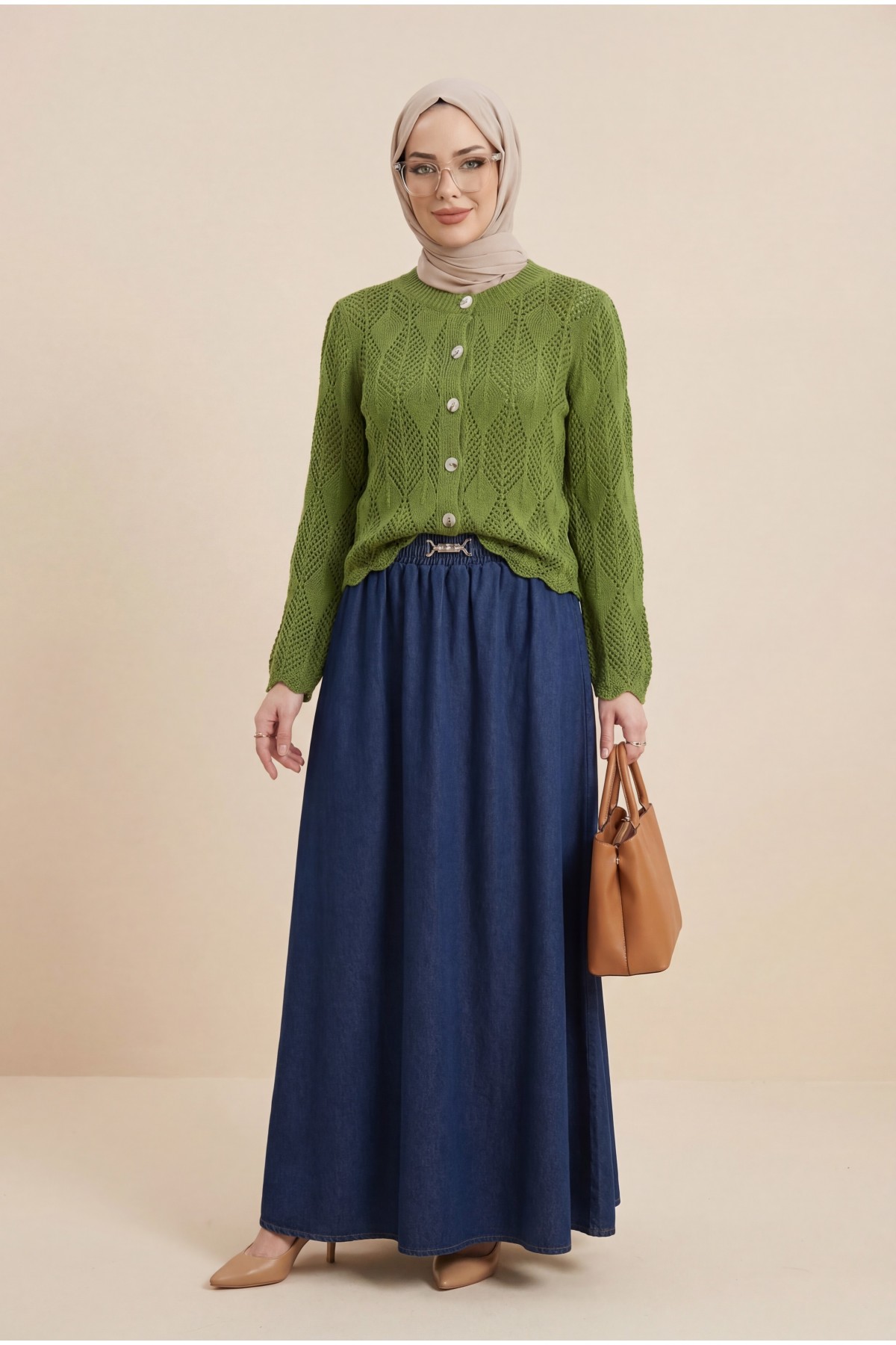 Yaprak Desenli Ajurlu Triko Hırka -F.Yeşili