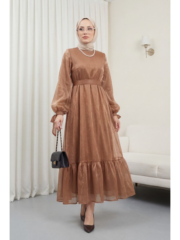 Kolu Bağcıklı Eteği Parçalı Janjan Elbise     -Tarçın