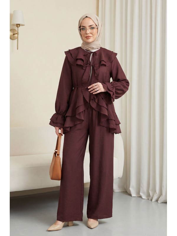 Önü Bağcıklı Kat Yakalı Kolu Lastikli Pantolonu Astarlı Cupra Takım  -Mürdüm