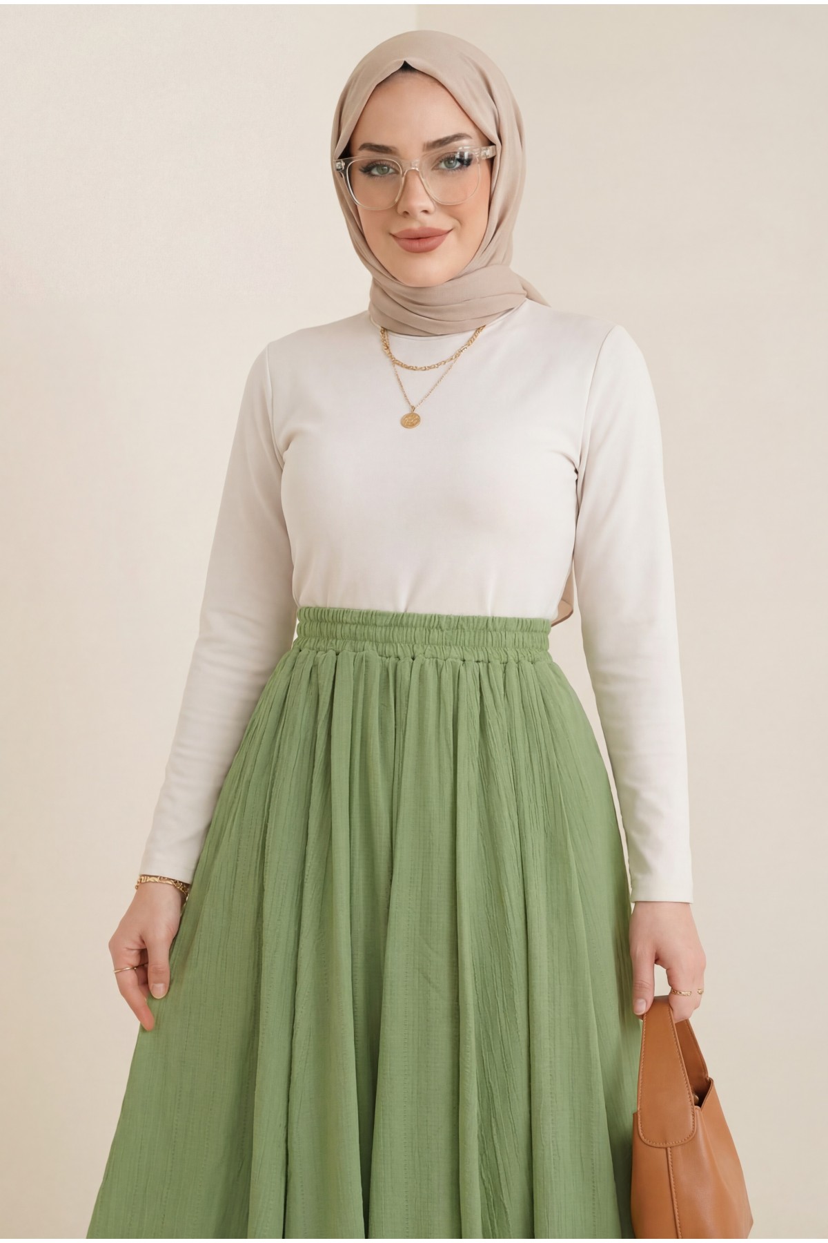 Beli Lastikli Astarlı Uzun Gofre Etek -A.Yeşil