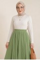 Beli Lastikli Astarlı Uzun Gofre Etek -A.Yeşil