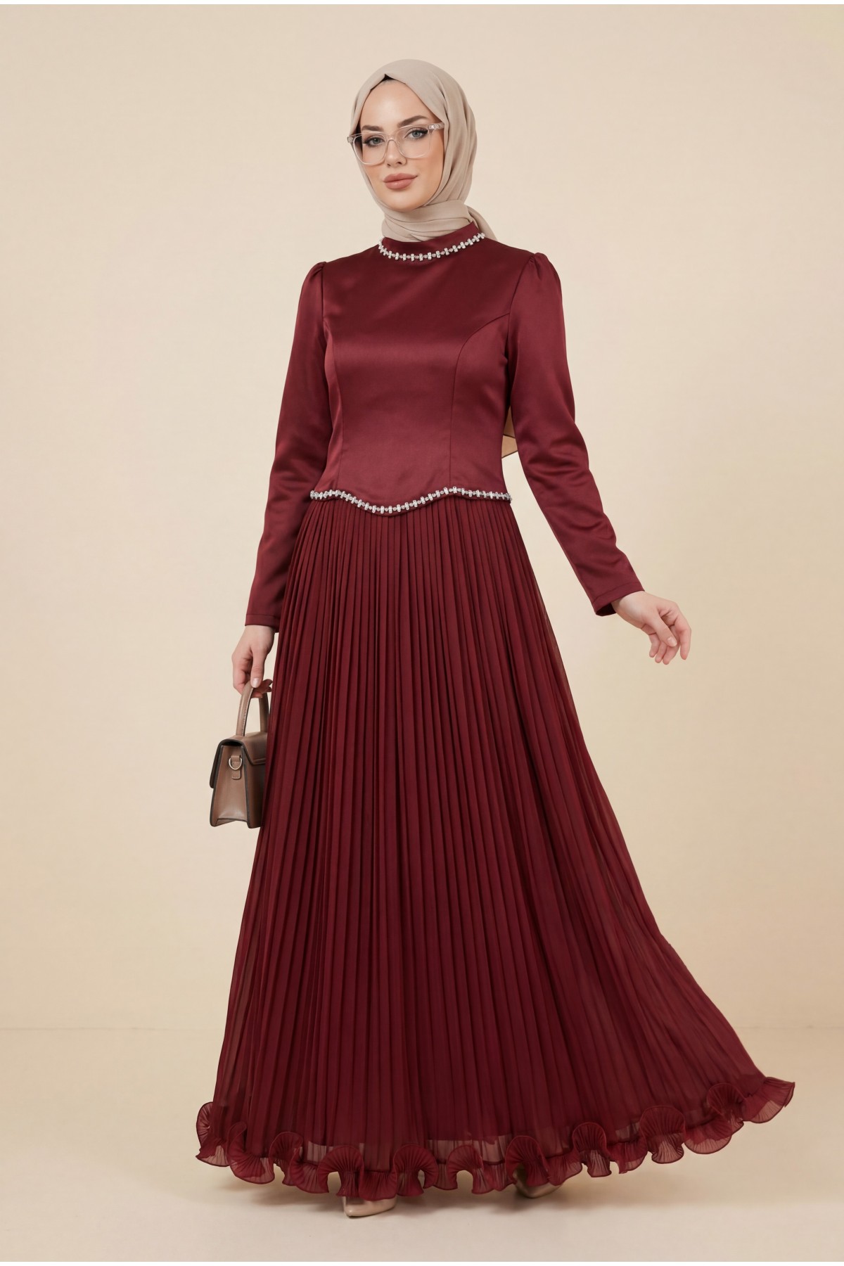 Üstü Saten Altı Janjan Şifon Taş Detaylı Volanlı Abiye  -Bordo