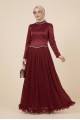 Üstü Saten Altı Janjan Şifon Taş Detaylı Volanlı Abiye  -Bordo