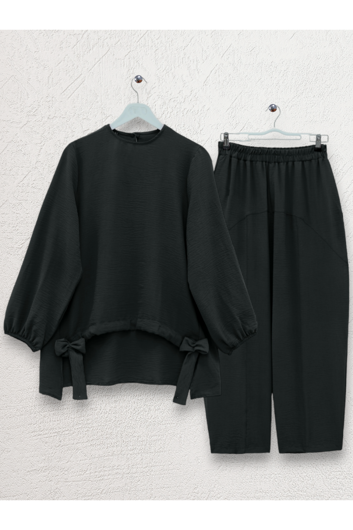 Önden Büzmeli Şalvar Pantolon Ayrobin Salaş Takım -Siyah