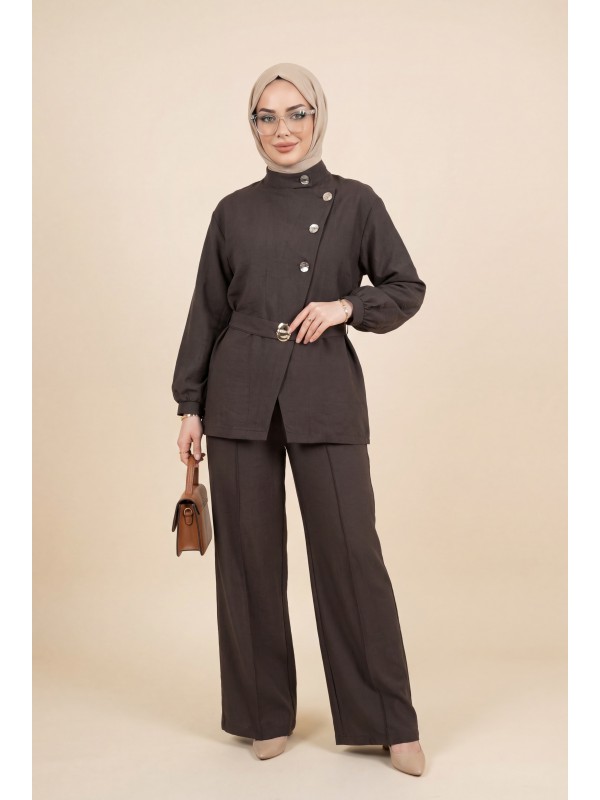 Gold Düğmeli Tokalı Kemerli Fırfır Detaylı Cupra Takım  -K. Kahve