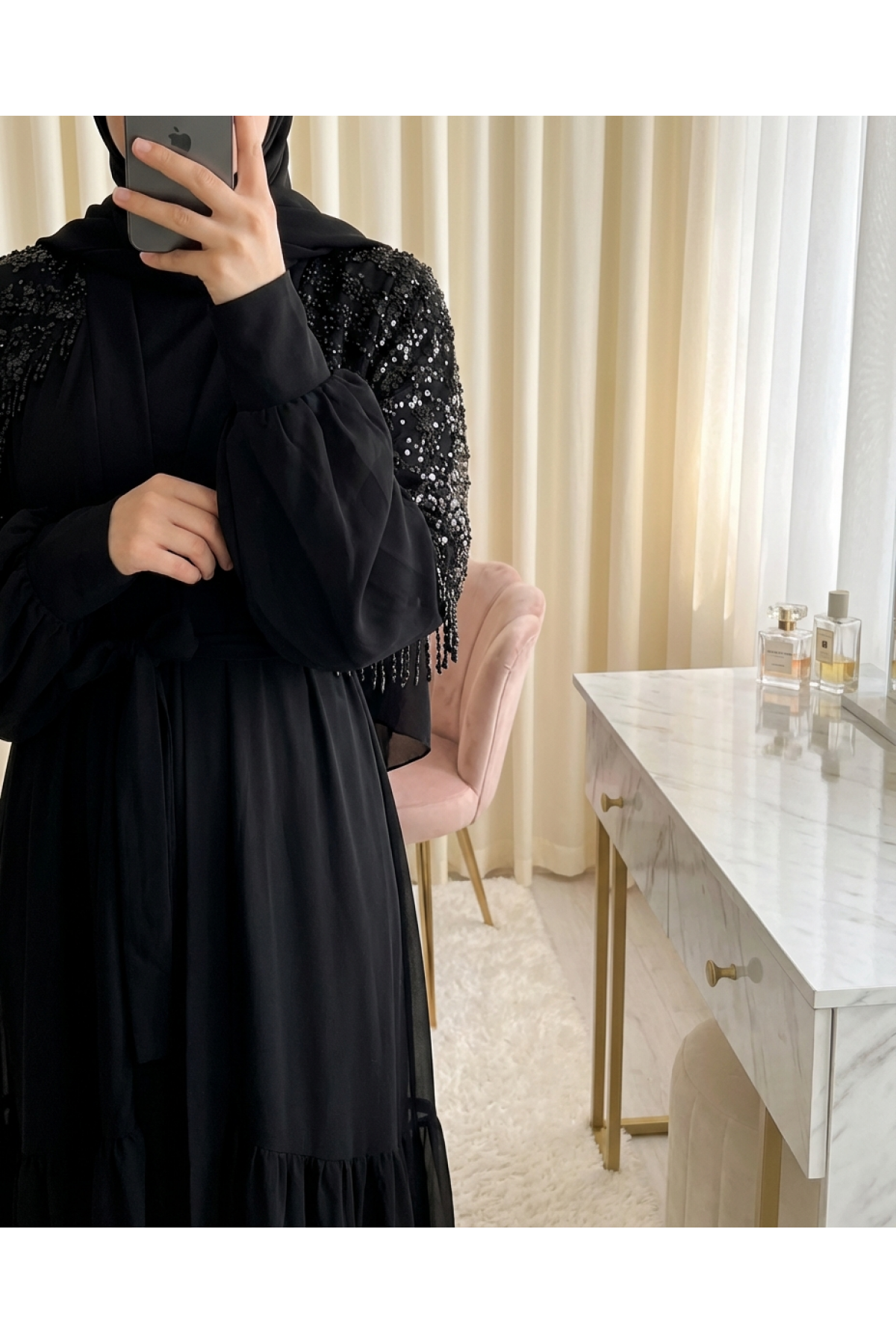 Kesme Boncuklu Kemerli İkili Abaya Takım -Siyah