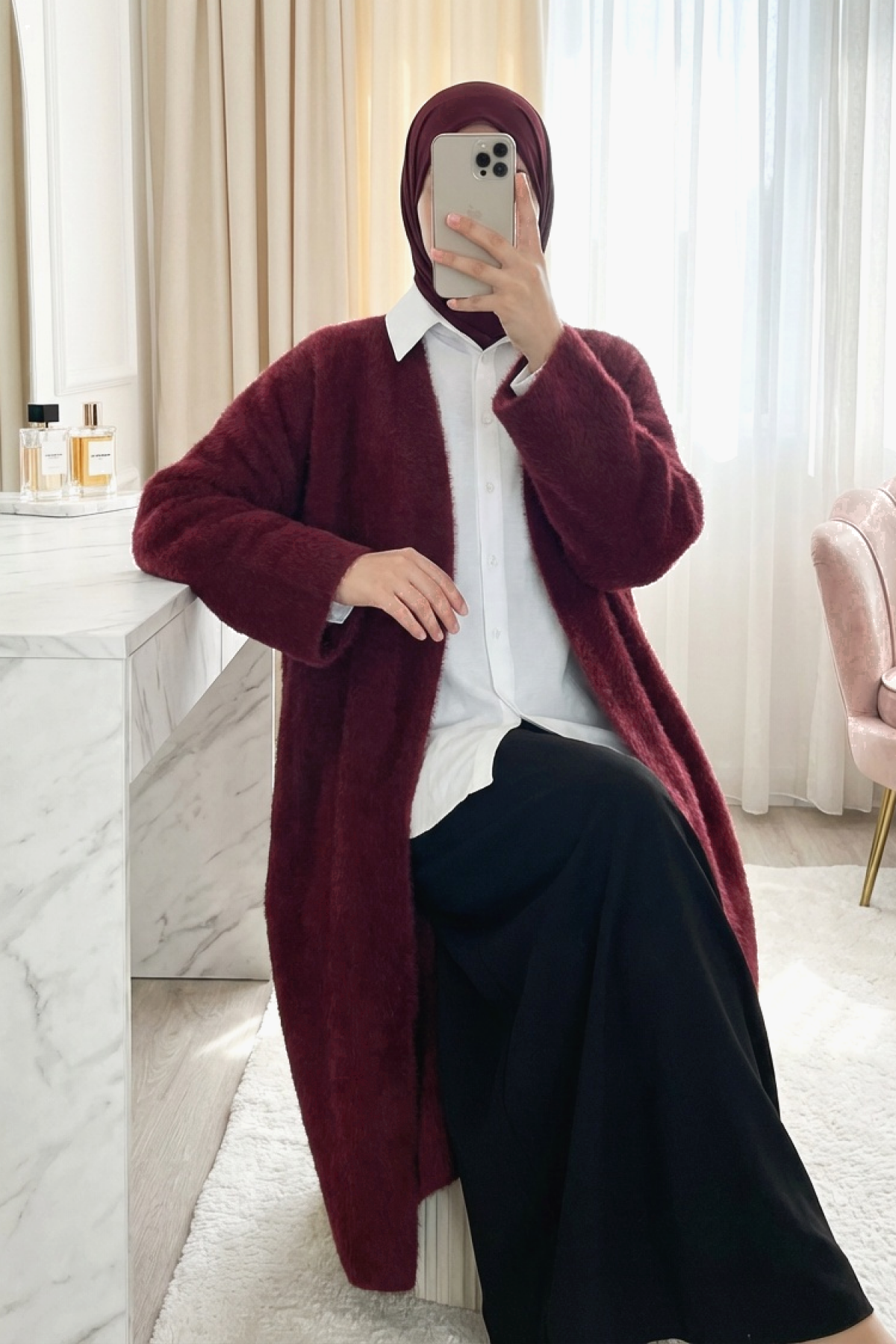 Sakallı Uzun Yumoş Hırka -Bordo