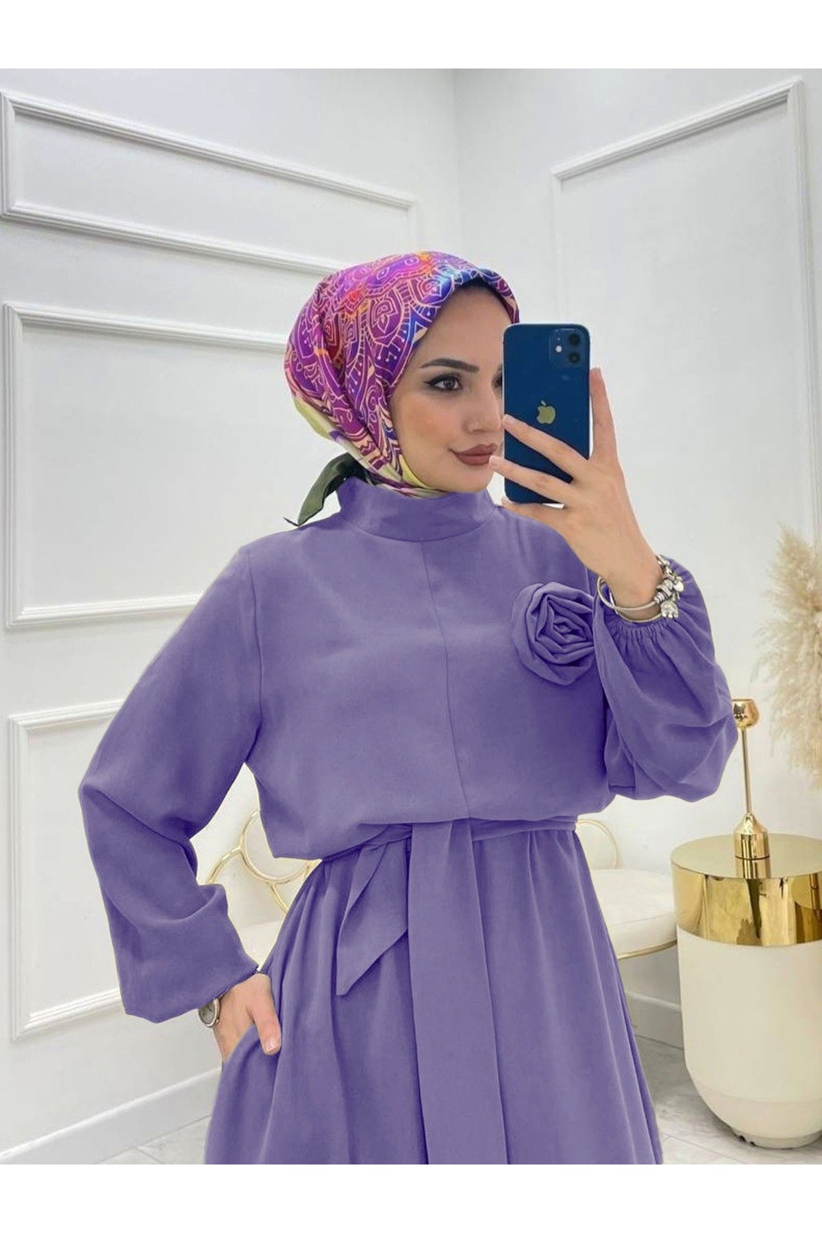 Dik Yaka Kemerli Güllü Tulum -Lila