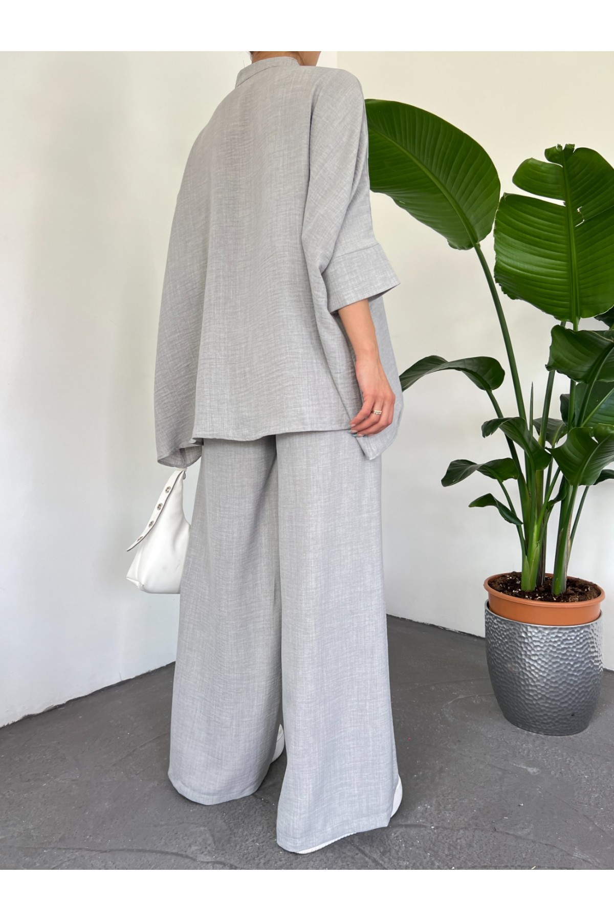 Çift Cepli Yarım Yarasa Kol Salaş Gömlek Takım -Gri