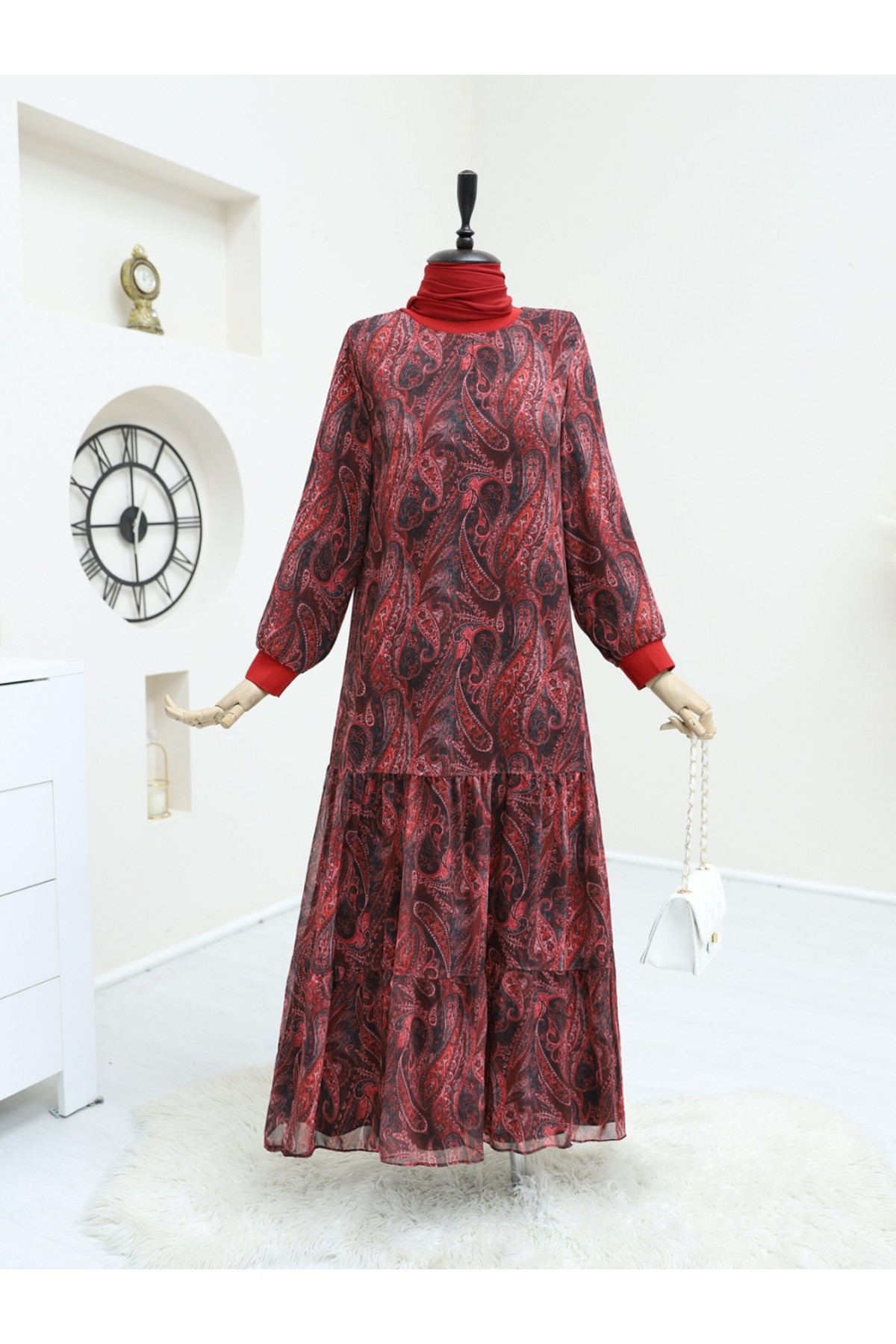 Etnik Desen Eteği Parçalı Astarlı Şifon Elbise   -Kırmızı