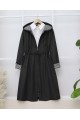 Beli Lastikli Kolu Katlamalı Kapşonlu Trenckot -Siyah