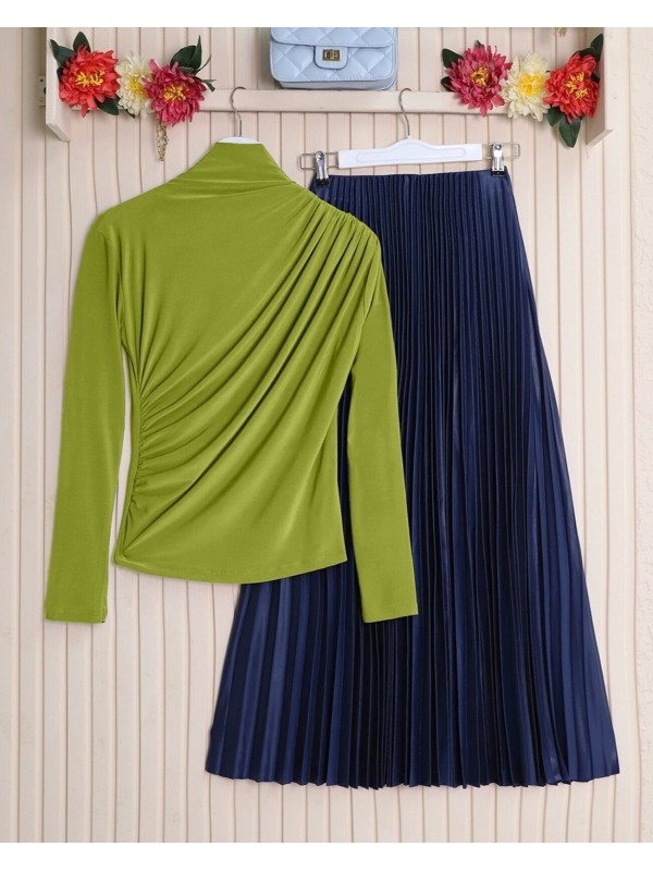 Yarım Boğaz Büzgülü Sandy Bluz   -Yağ Yeşili