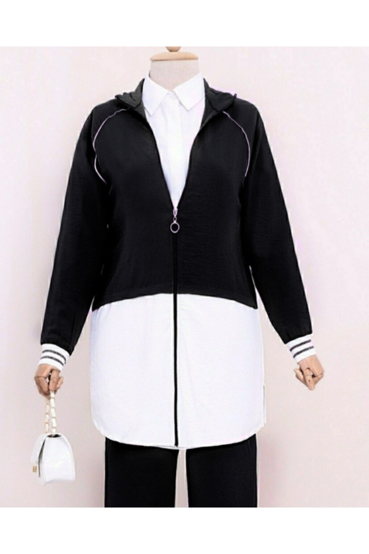 Boydan Fermuarlı Yüksek Yaka Garnili Takım -Siyah