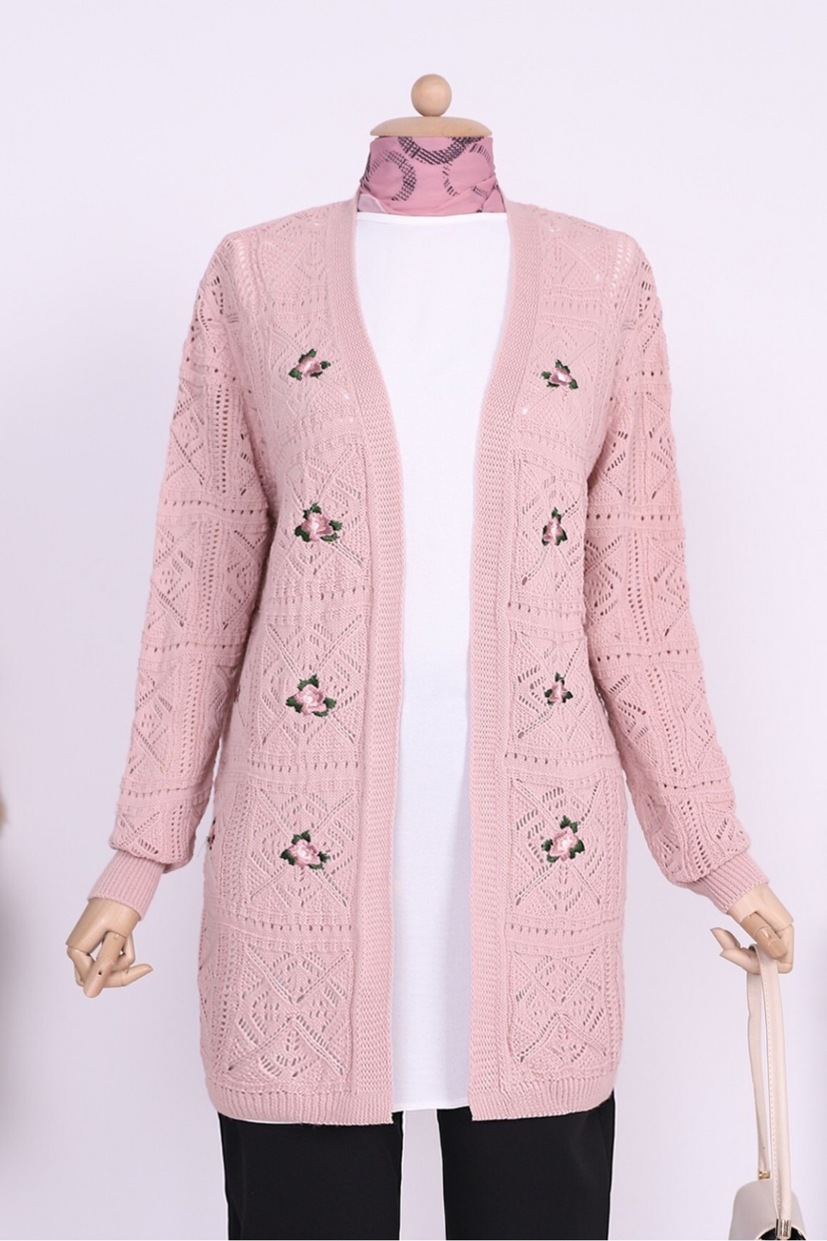 Ajurlu Nakışlı Hırka   -Pudra