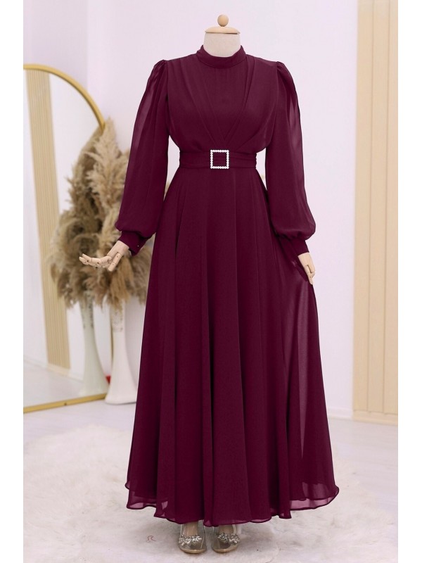Kemeri Taşlı Önü Pileli Tesettür Elbise  -Bordo