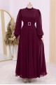Kemeri Taşlı Önü Pileli Tesettür Elbise  -Bordo